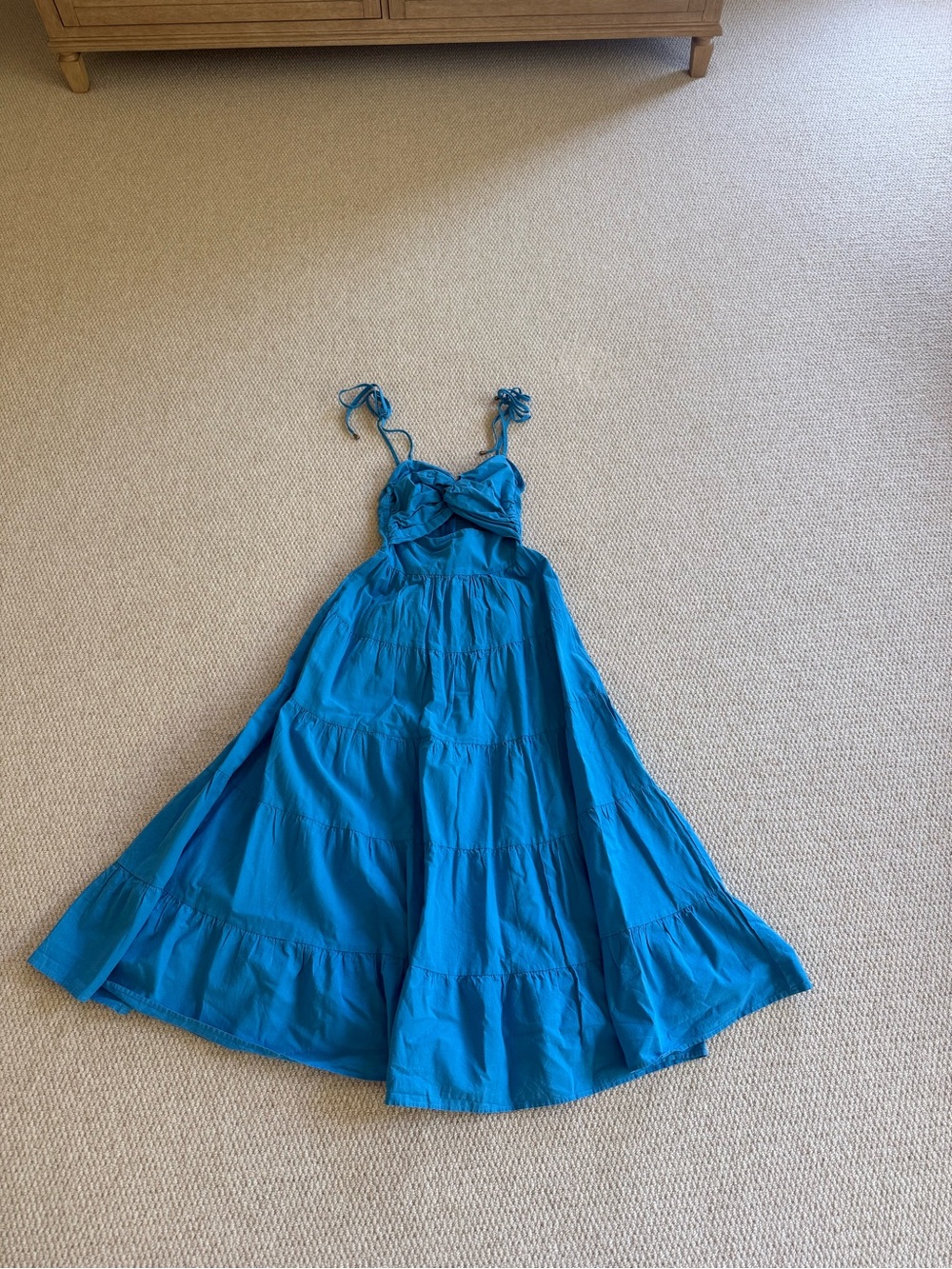 Petal & Pup Blue Tiered Dress w/ Tie Shoulders and Twist- front Bust+ peak hole